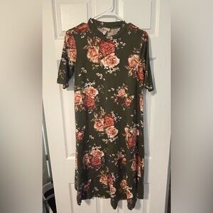 Floral Olive Green Midi Dress with Rose Print
